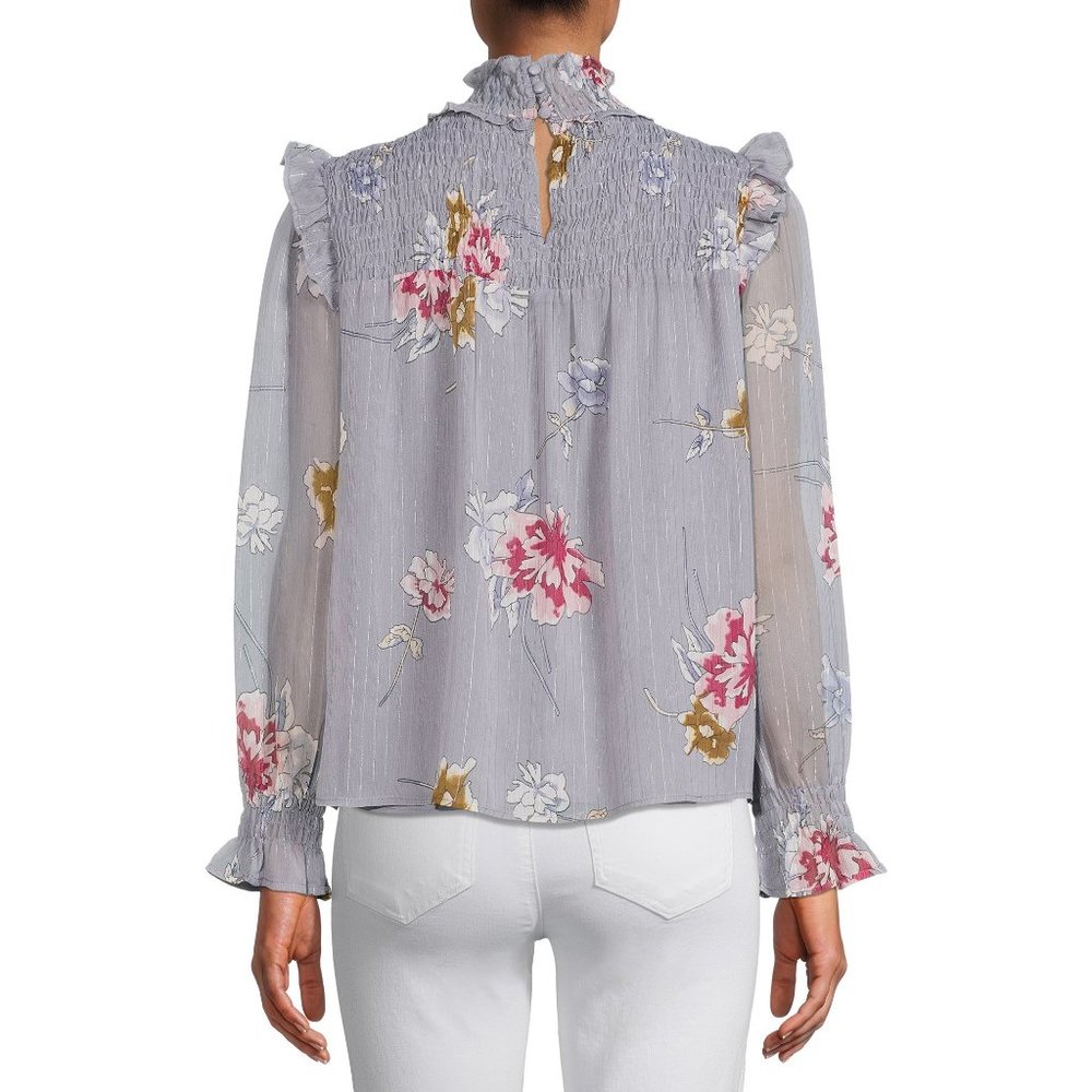 Floral Ruffled Poet Blouse High Neck Smocked Long Sleeves Sz XL NWT - Picture 2 of 8